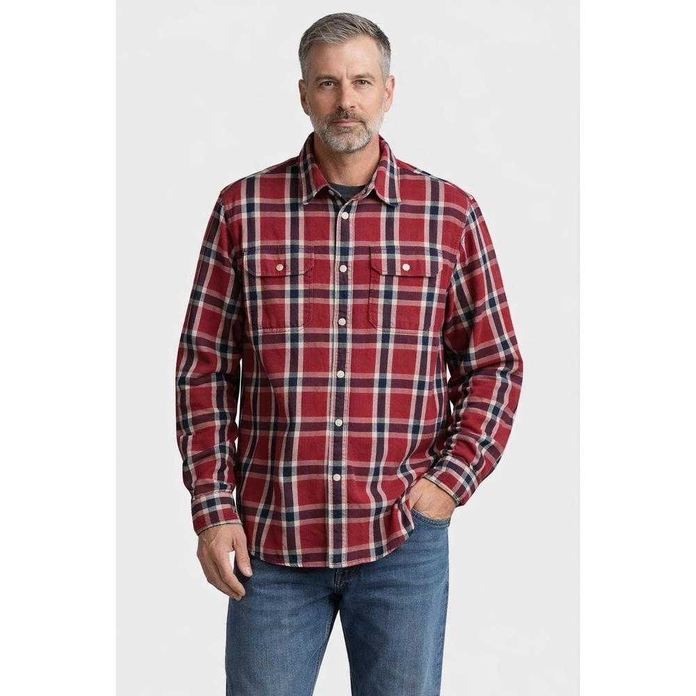 Eddie Bauer Plaid Flannel Shirt Mens XL Red Navy Classic Fit gorpcore button up